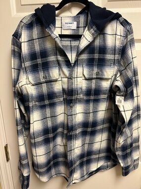 Old Navy Navy and White Plaid Hooded Flannel Shirt Jacket